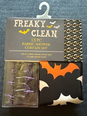 New Halloween Bat Fabric Shower Curtain Set - Black, Purple & Orange with hooks.